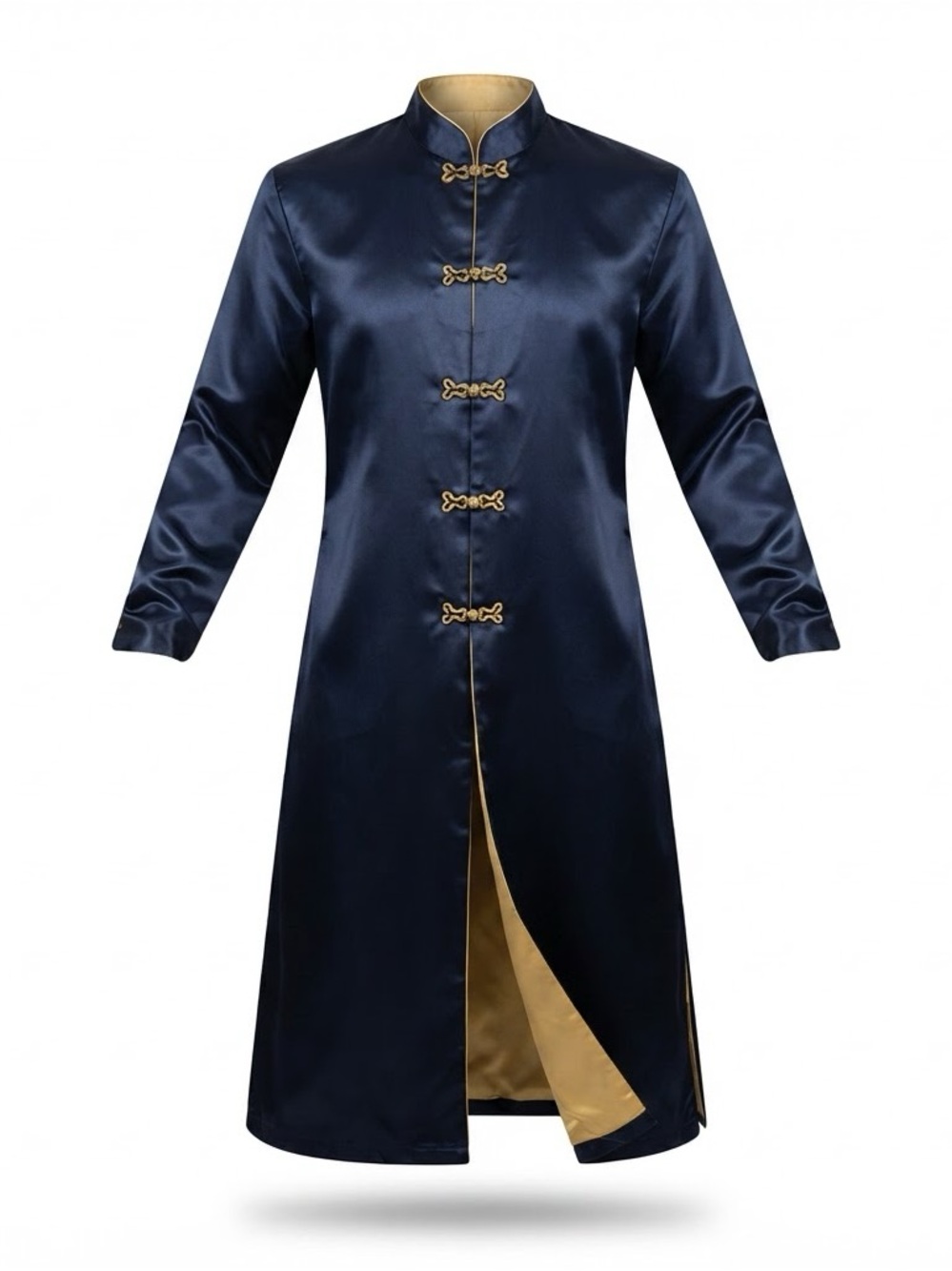 Men's Navy Satin Mandarin Collar Long Coat with Gold Trim